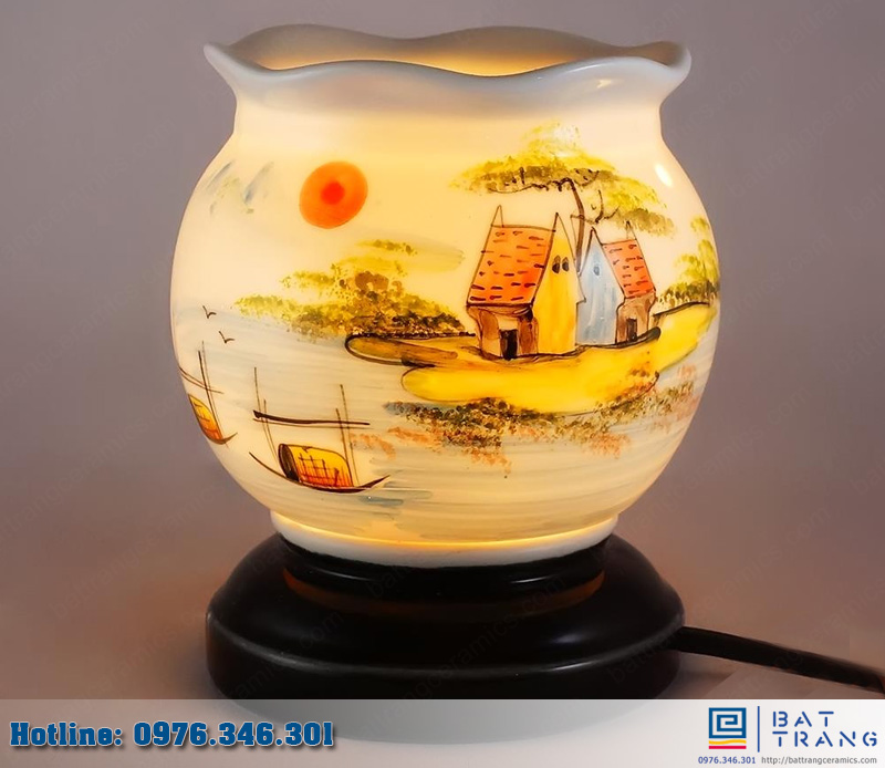 Đèn Xông Tinh Dầu Sóng Vẽ Sơn Thủy Gốm Bát Tràng Cao Cấp