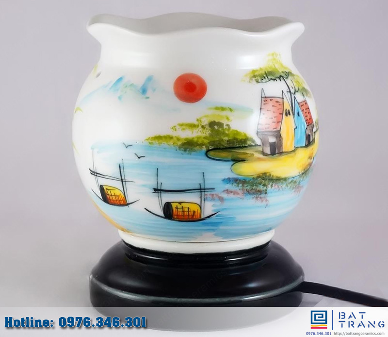 Đèn Xông Tinh Dầu Sóng Vẽ Sơn Thủy Gốm Bát Tràng Cao Cấp