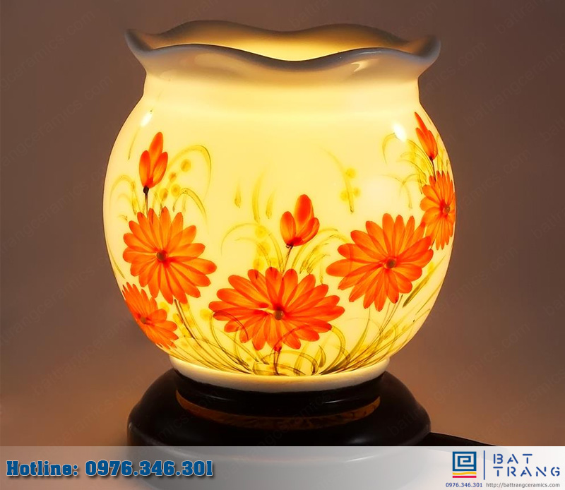 Đèn Xông Tinh Dầu Gốm Sứ Bát Tràng Vẽ Hoa Cúc Đẹp