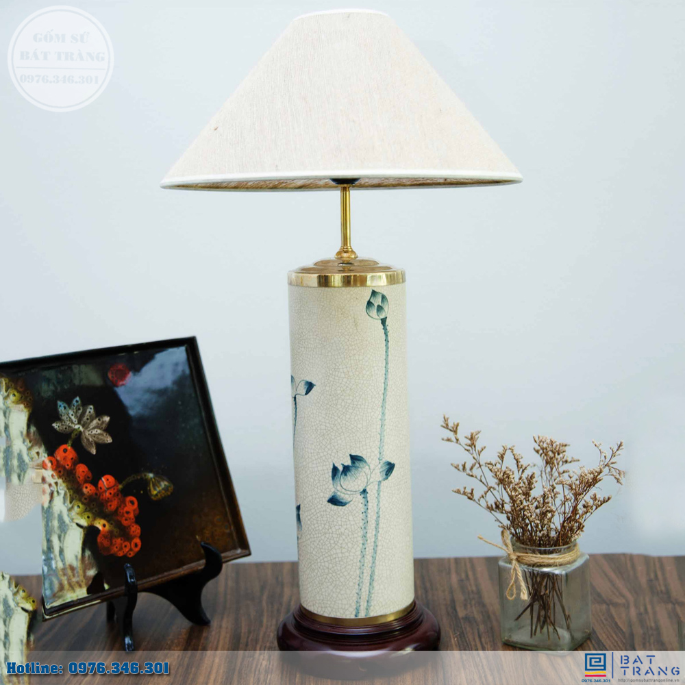 Đèn Ống Gốm Sứ Men Rạn Vẽ Sen Bát Tràng Cao Cấp Trang Trí