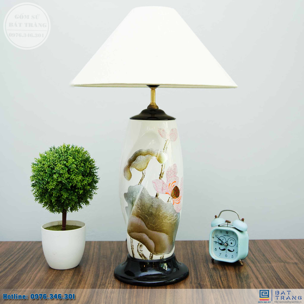 Đèn Ngủ Sứ Sen Khảm Trai Sơn Mài Cao Cấp Sang Trọng