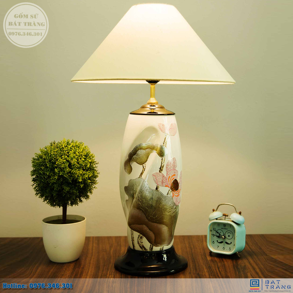 Đèn Ngủ Sứ Sen Khảm Trai Sơn Mài Cao Cấp Sang Trọng