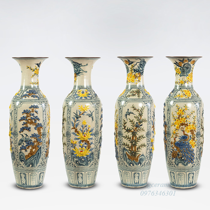 Lọ lộc bình tứ quý 1m6 đắp nổi gốm sứ Bát Tràng sang trọng