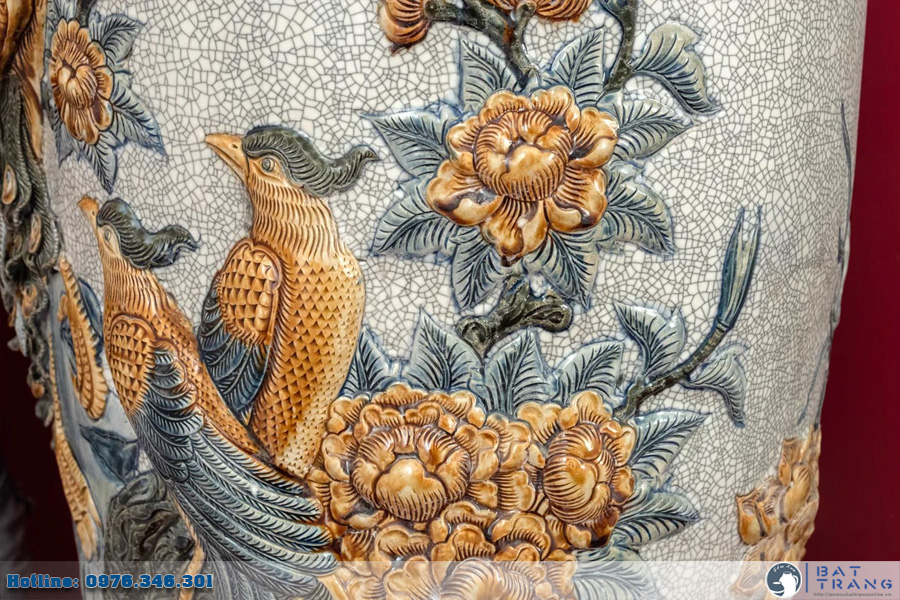 Lọ lộc bình men rạn đắp nổi Bát Tràng cao cấp Phú Quý sang trọng