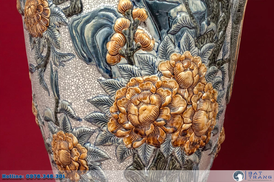 Lọ lộc bình men rạn đắp nổi Bát Tràng cao cấp Phú Quý sang trọng
