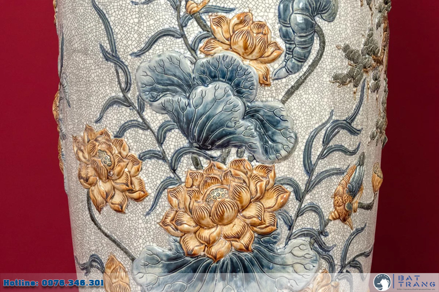 Lọ lộc bình men rạn đắp nổi Bát Tràng cao cấp Phú Quý sang trọng