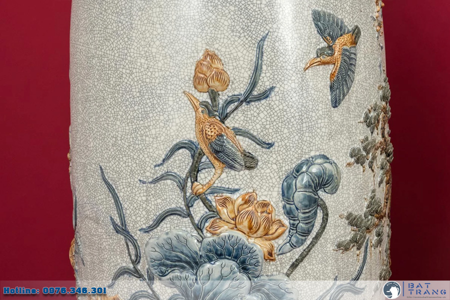 Lọ lộc bình men rạn đắp nổi Bát Tràng cao cấp Phú Quý sang trọng