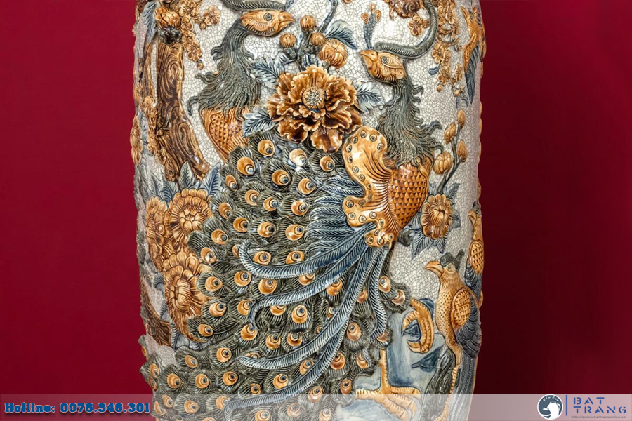 Lọ lộc bình men rạn đắp nổi Bát Tràng cao cấp Phú Quý sang trọng