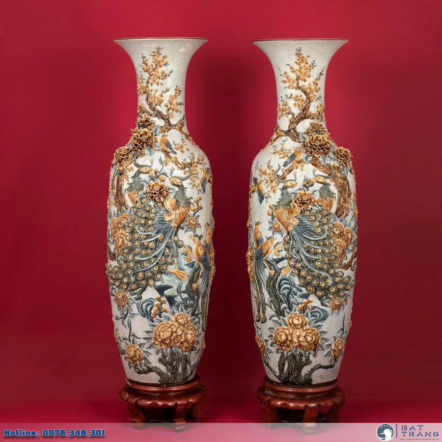 Lọ lộc bình men rạn đắp nổi Bát Tràng cao cấp Phú Quý sang trọng 