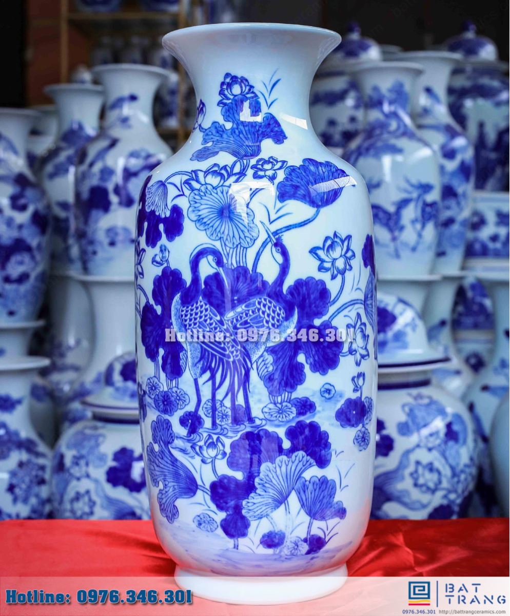 Tiểu lộc bình sen hạc 40cm gốm sứ Bát Tràng sang trọng phát tài