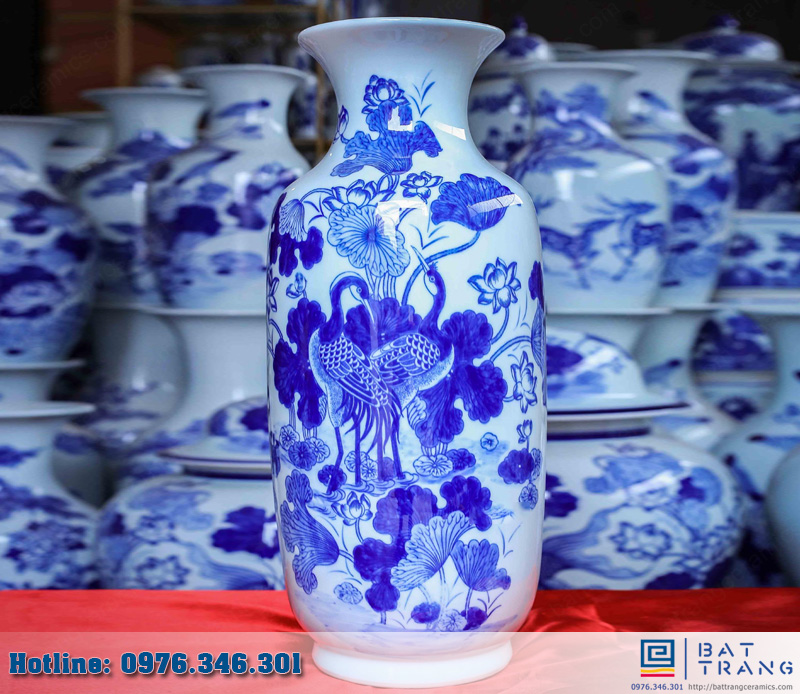 Tiểu lộc bình sen hạc 40cm gốm sứ Bát Tràng sang trọng phát tài 