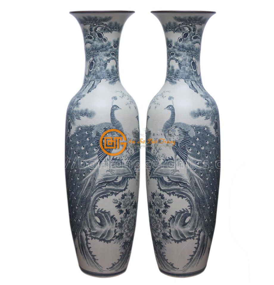 Lọ lộc bình men rạn cổ cao 175cm vẽ chim công sang trọng