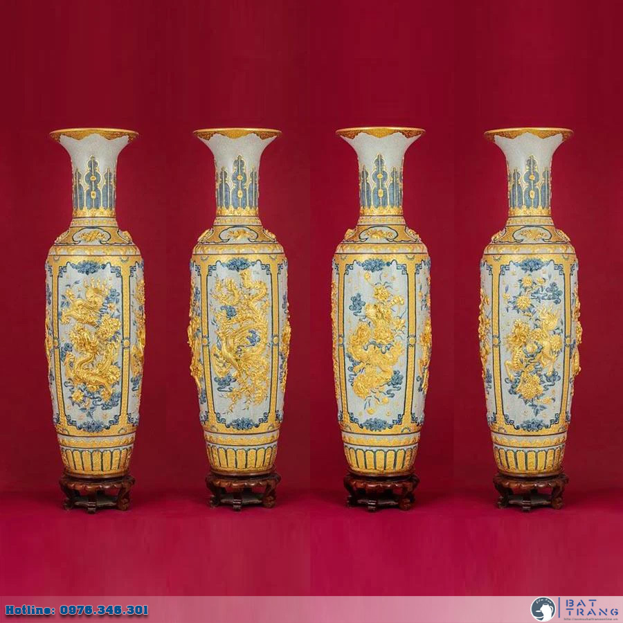 Lọ lộc bình men rạn dát vàng Bát Tràng sang trọng Long Ly Quy Phụng 