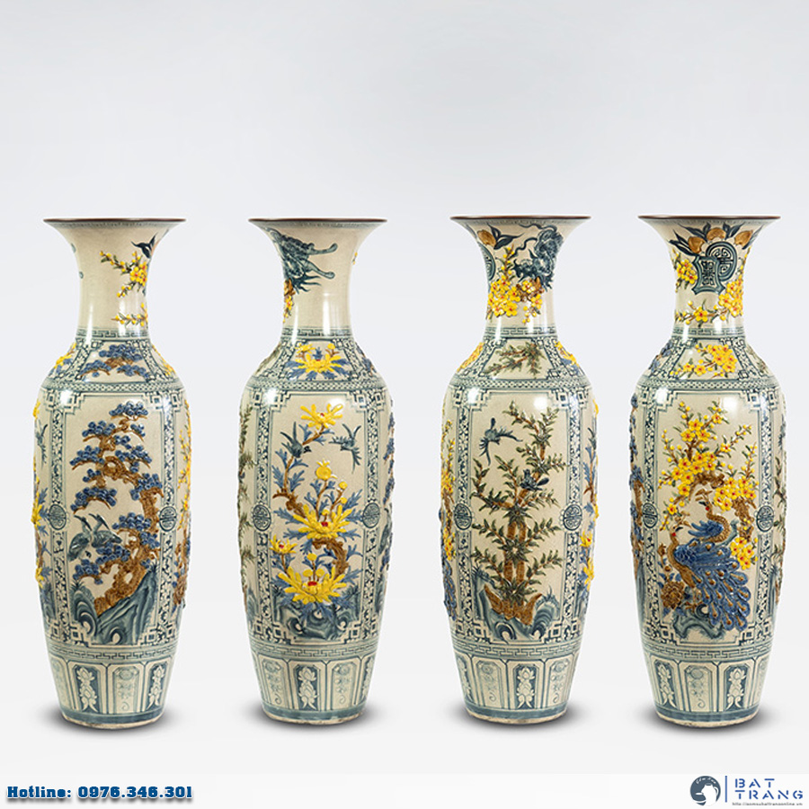 Lộc bình Tứ Quý men rạn đắp nổi cao 1m6 Bát Tràng sang trọng 