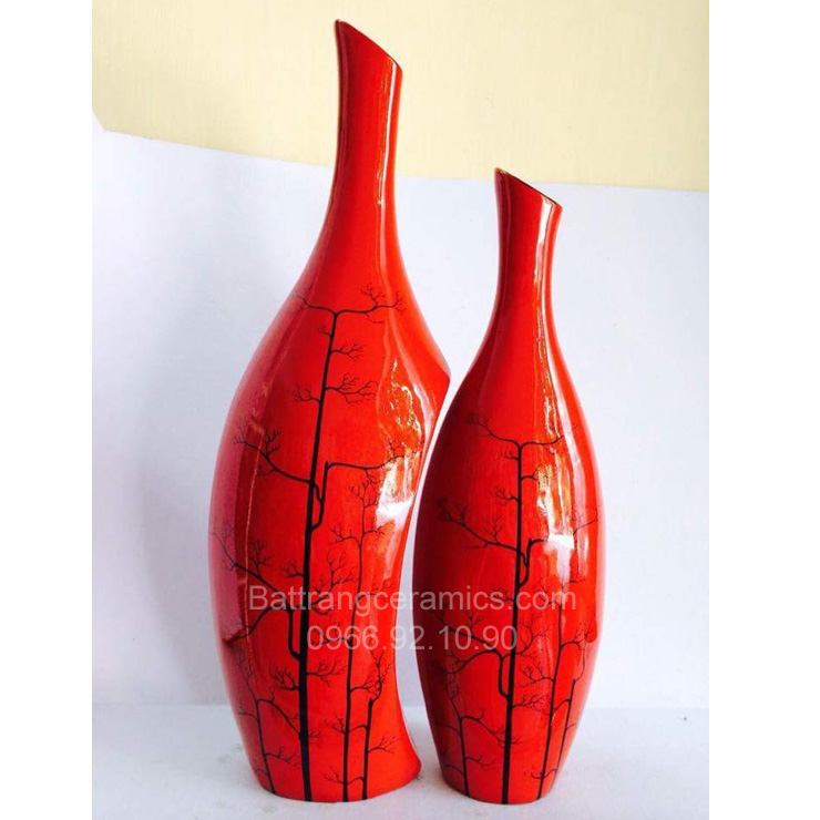Bộ trai đôi đỏ gốm sơn mài H20x40cm décor sang trọng quà tặng 