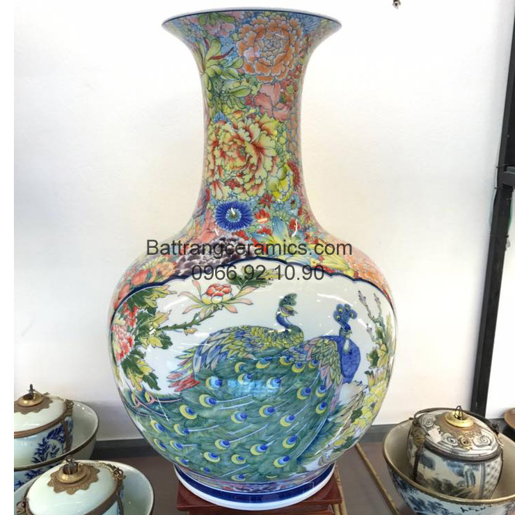 Lọ cắm hoa Bát Tràng vẽ tay chim công hoa độc đáo quà tặng