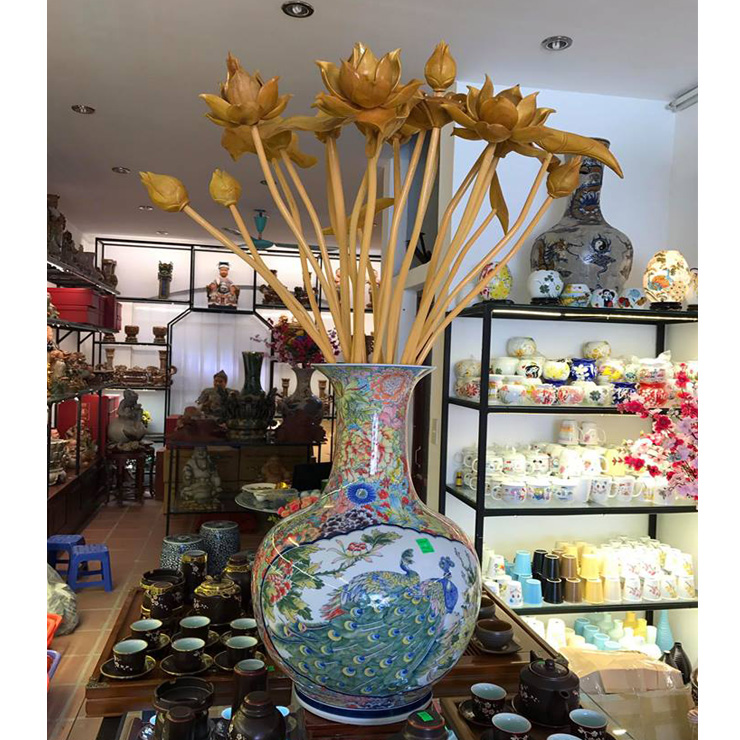 Lọ cắm hoa Bát Tràng vẽ tay chim công hoa độc đáo quà tặng