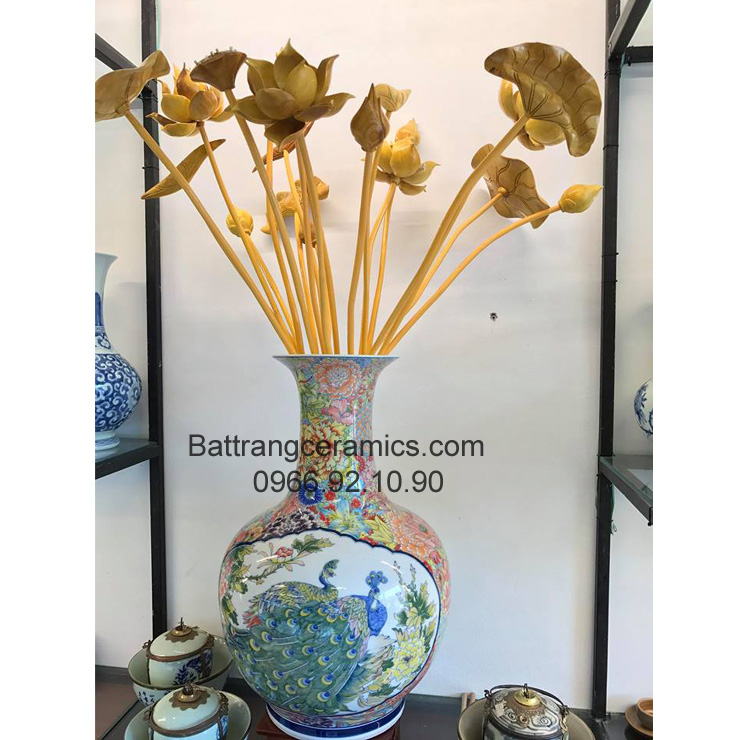 Lọ cắm hoa Bát Tràng vẽ tay chim công hoa độc đáo quà tặng
