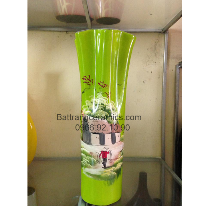 Lọ sơn mài miệng lượn H46cm cảnh đồng quê Bát Tràng cao cấp quà tặng