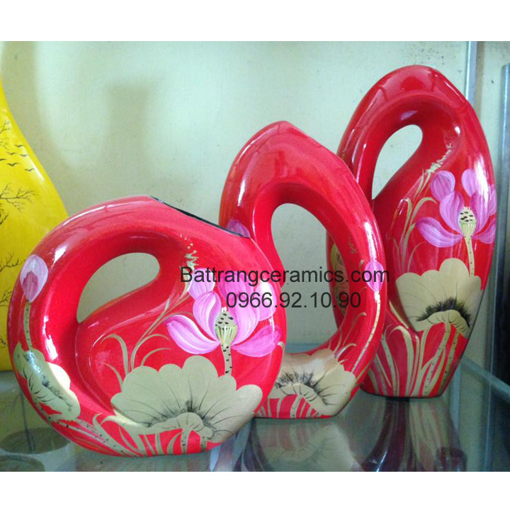 Bộ ba lọ sơn mài đỏ vẽ sen Bát Tràng sang trọng cao cấp