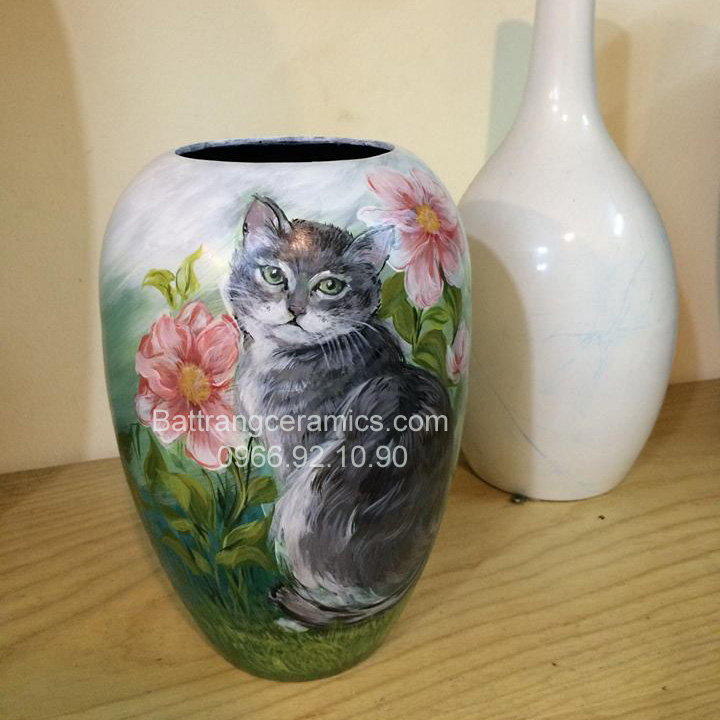 Lọ sơn mài 3D mèo hoa Bát Tràng độc đáo quà tặng sang trọng
