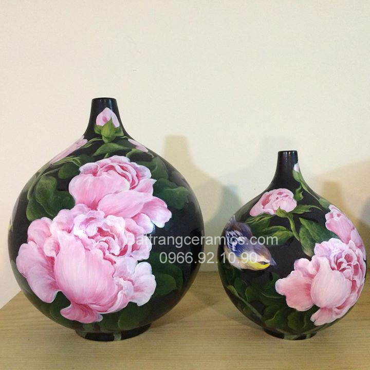 Bình hoa hồng sơn mài 3D KHD2 cao 35cm quà tặng độc đáo Bát Tràng