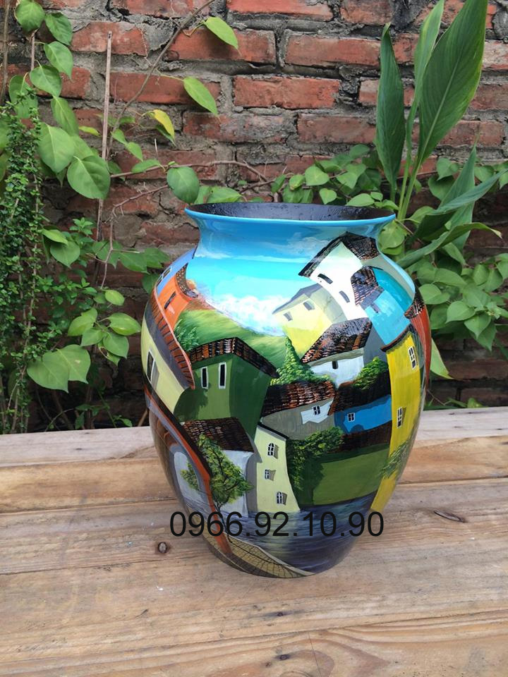 Bình hoa 3D phố cổ Bát Tràng cao 35cm quà tặng sang trọng 