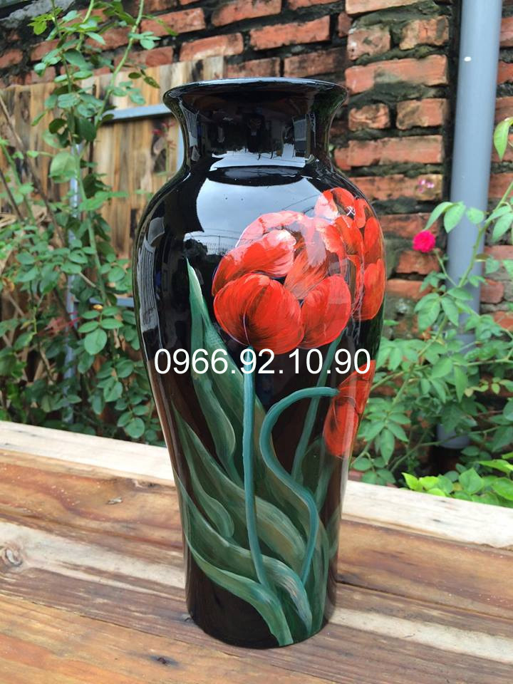Lọ sơn mài tuylip đỏ 40cm thủ công tinh xảo đẹp sang trọng