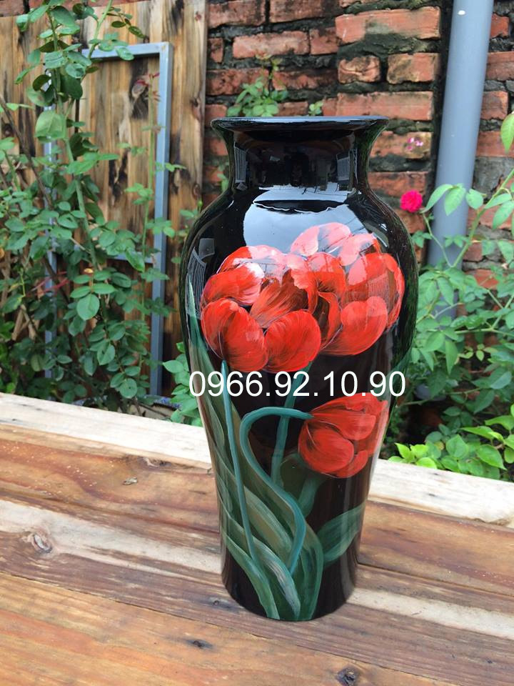 Lọ sơn mài tuylip đỏ 40cm thủ công tinh xảo đẹp sang trọng