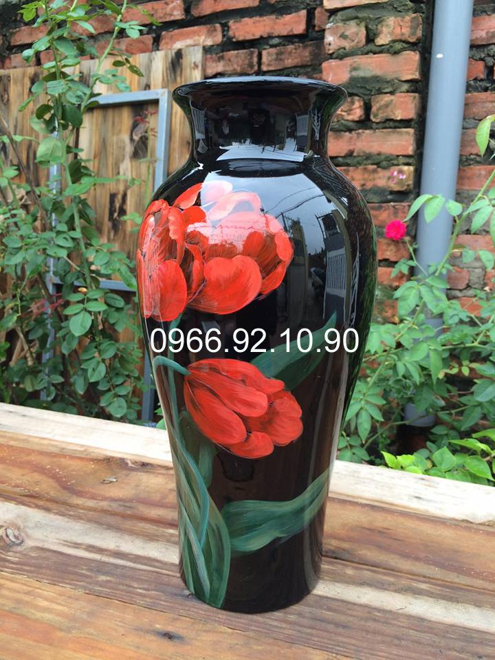Lọ sơn mài tuylip đỏ 40cm thủ công tinh xảo đẹp sang trọng 