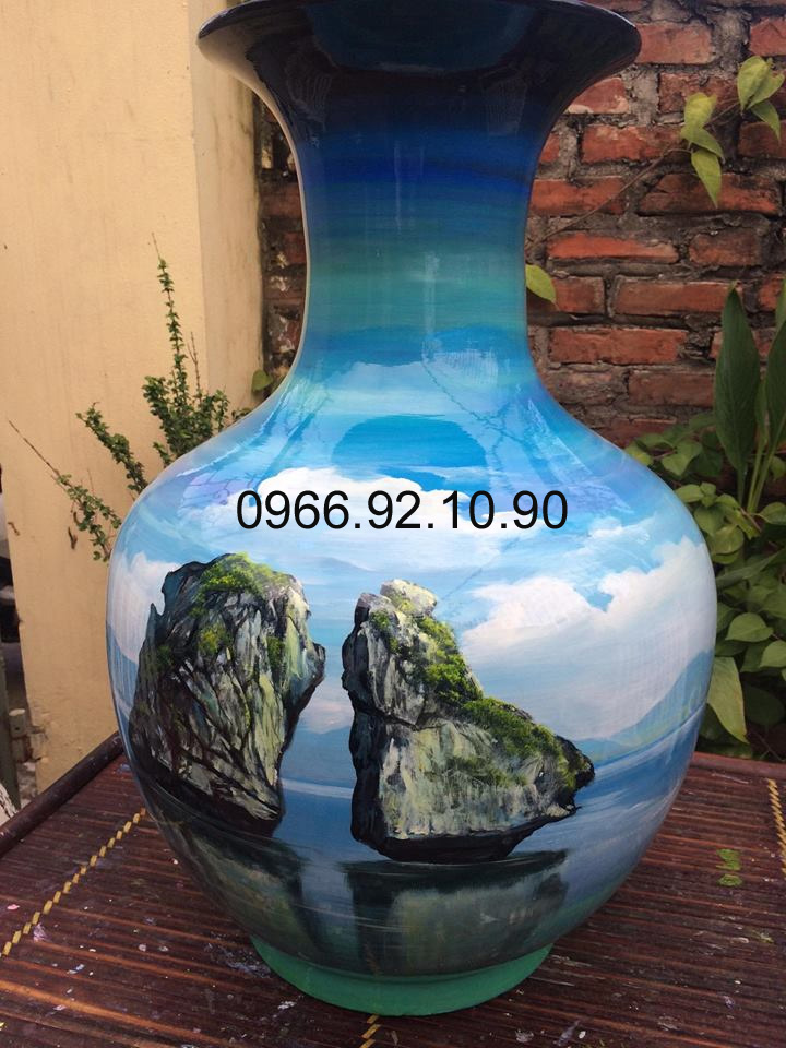 Lọ tỏi Hạ Long 42cm tranh hoa 3D sứ cao cấp quà tặng tinh xảo