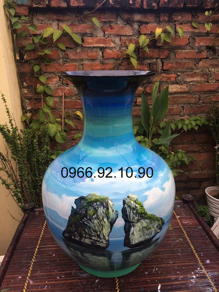 Lọ tỏi Hạ Long 42cm tranh hoa 3D sứ cao cấp quà tặng tinh xảo