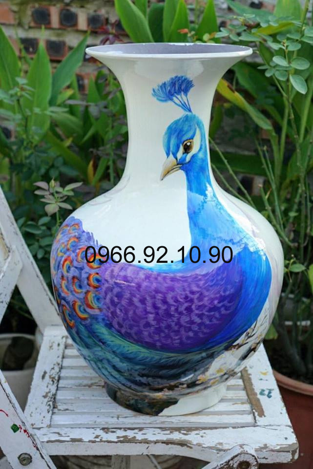 Lọ tỏi chim công 50cm tranh hoa 3D tinh xảo sang trọng