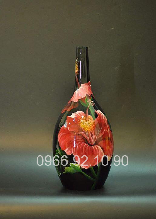 Lọ sơn mài dâm bụt 35cm cao cấp vẽ tay tinh xảo hút lộc