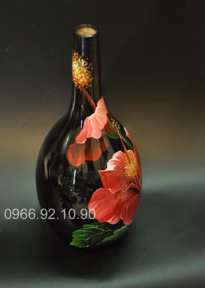 Lọ sơn mài dâm bụt 35cm cao cấp vẽ tay tinh xảo hút lộc
