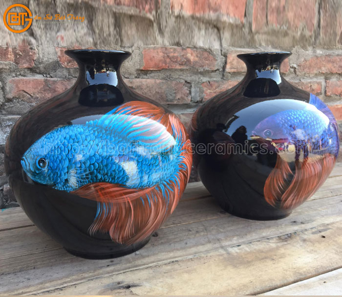 Bình hút lộc sơn mài cá song cá 30cm quà tặng độc đáo