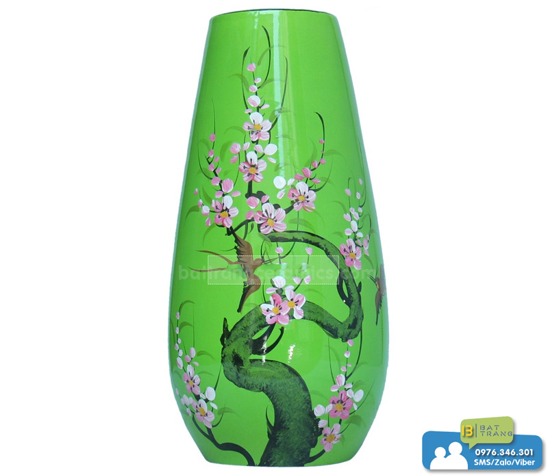 Bình hoa phình đáy số 1 hoa đào xanh Gốm sứ Bát Tràng sang trọng đẹp 