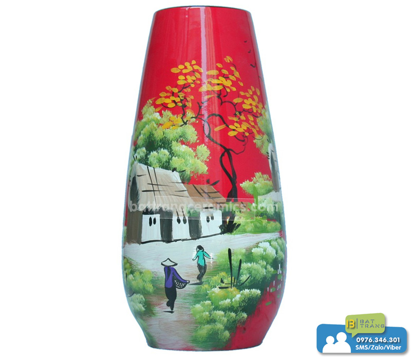 Bình hoa phình đáy Bát Tràng cảnh làng quê trang trí đẹp