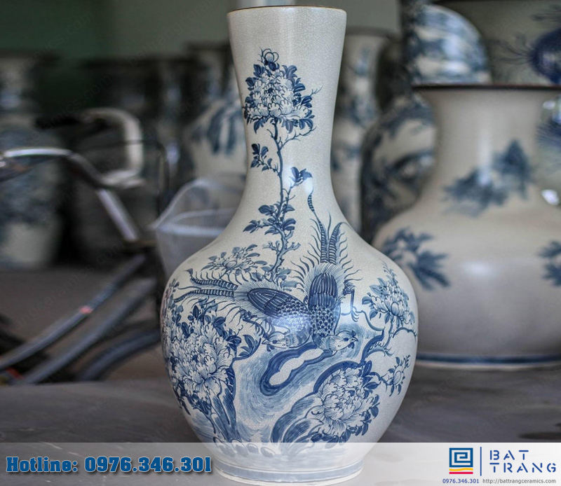 Lọ tỏi vẽ chim hoa men rạn Bát Tràng cao cấp sang trọng 