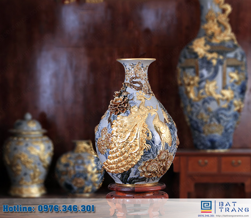 Lọ tỳ bà men rạn dát vàng cao cấp Gốm sứ Bát Tràng đẹp sang trọng