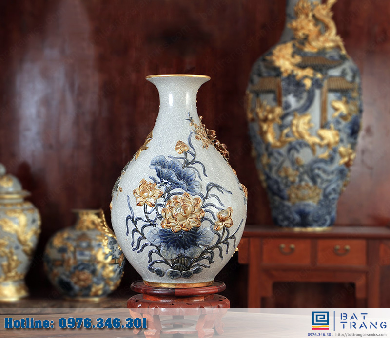 Lọ tỳ bà men rạn dát vàng cao cấp Gốm sứ Bát Tràng đẹp sang trọng 