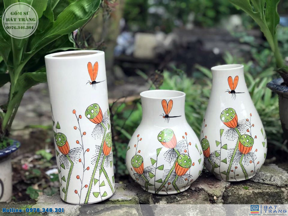Set lọ hoa gốm Bát Tràng vẽ sen chuồn sang trọng quà tặng độc đáo