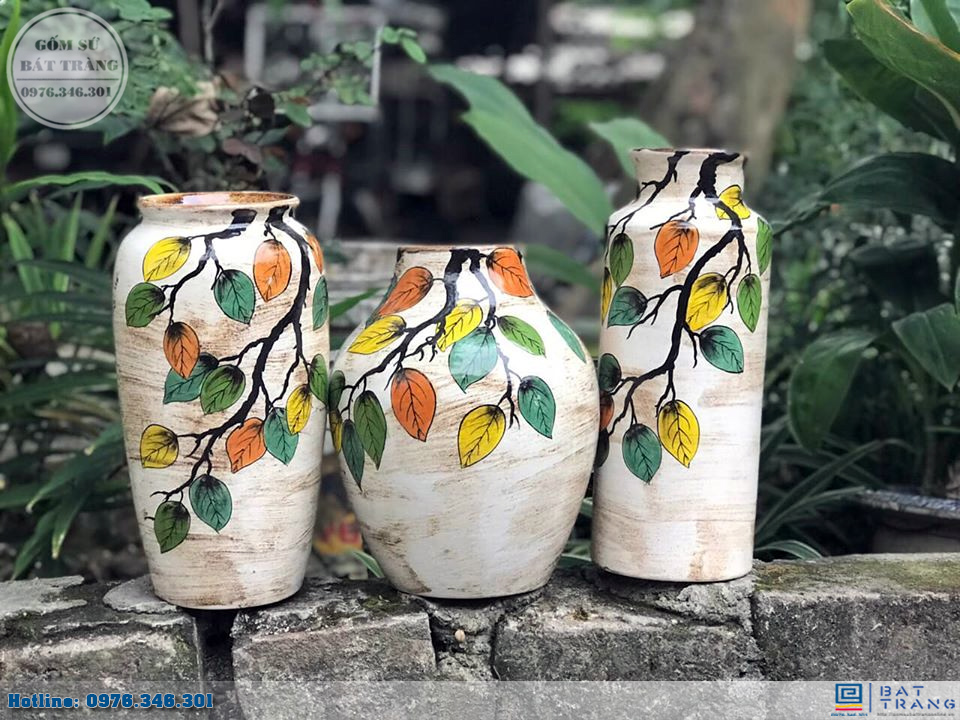 Set lọ hoa gốm sứ Bát Tràng mùa thu đẹp tinh xảo, sang trọng 