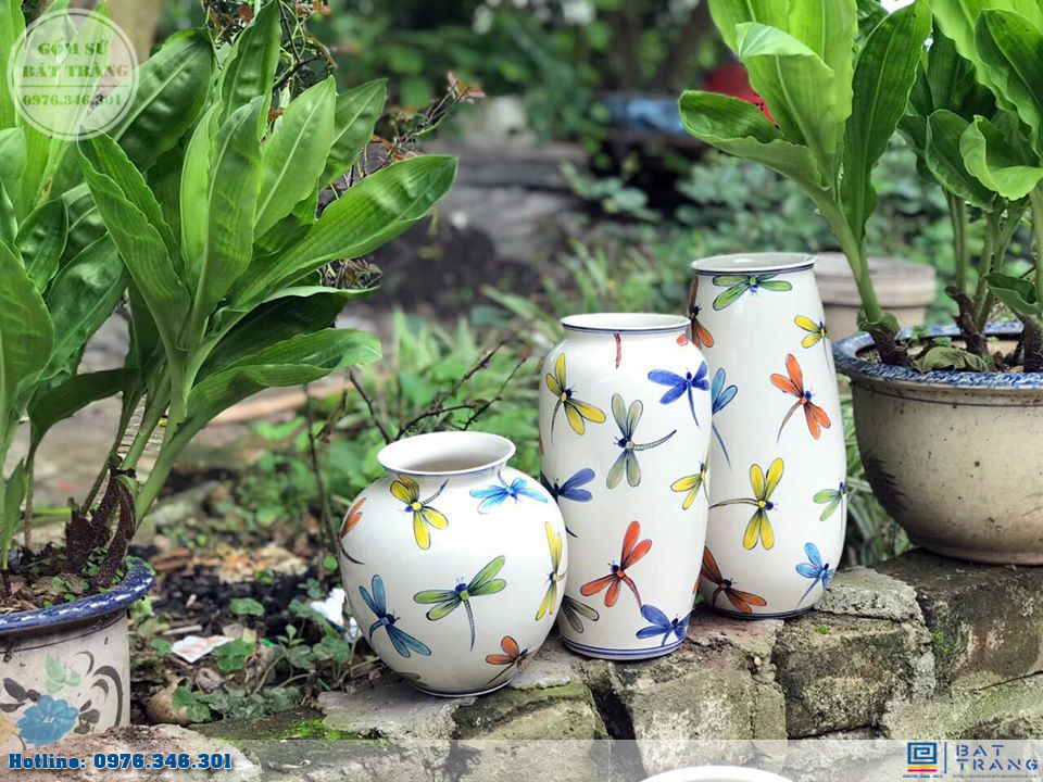 Set lọ hoa gốm Bát Tràng vẽ chuồn chuồn tuyệt đẹp trang trí sang trọng 
