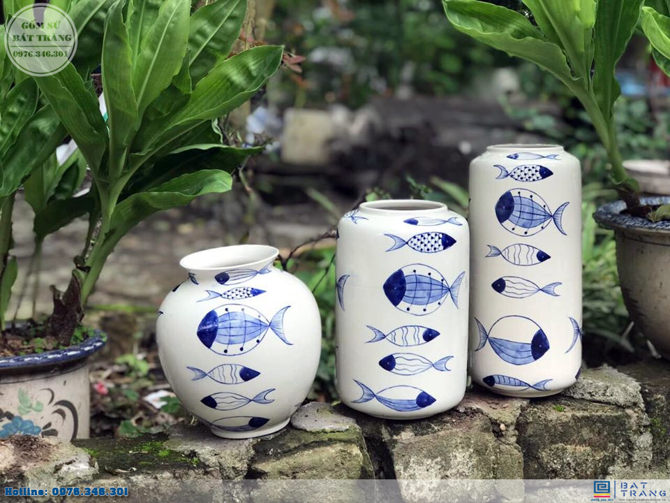 Set lọ hoa gốm sứ Bát Tràng cá đàn cao cấp trang trí đẹp 