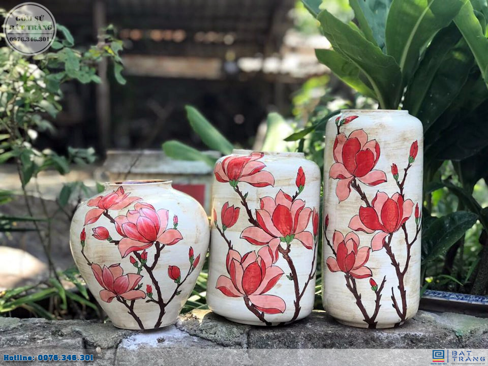 Set bộ lọ hoa gốm sứ Bát Tràng mộc lan sang trọng quà tặng