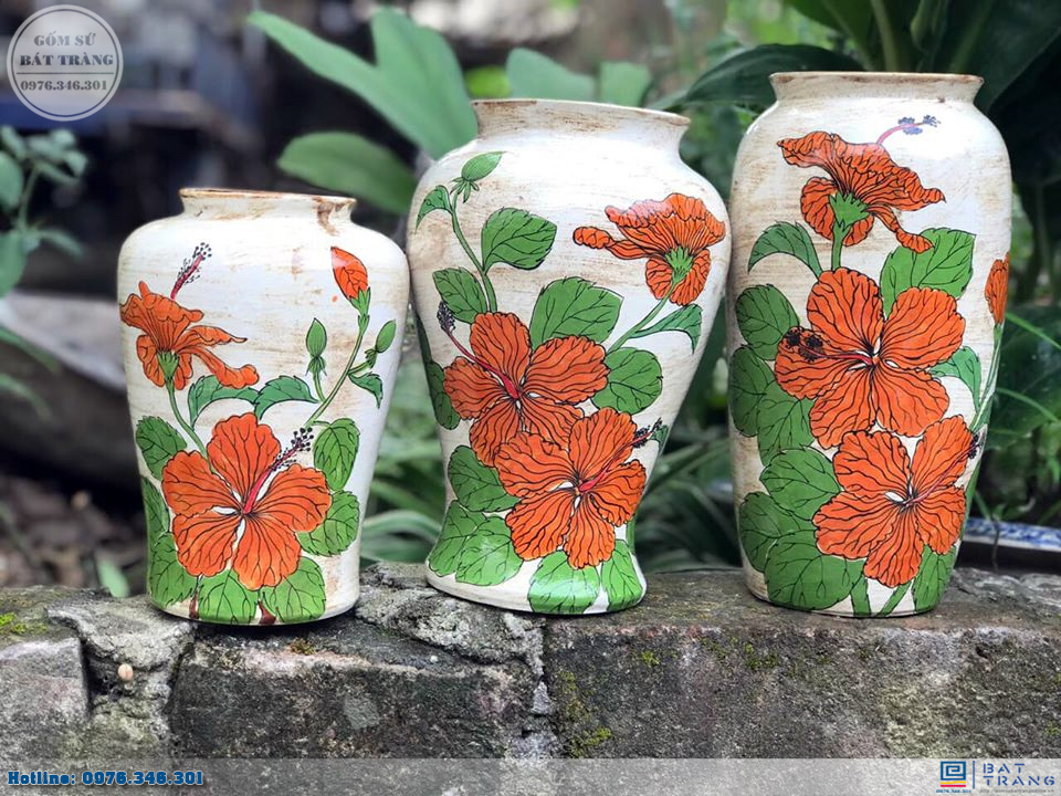 Set lọ hoa gốm sứ Bát Tràng hoa dâm bụt sang trọng decor đẹp 