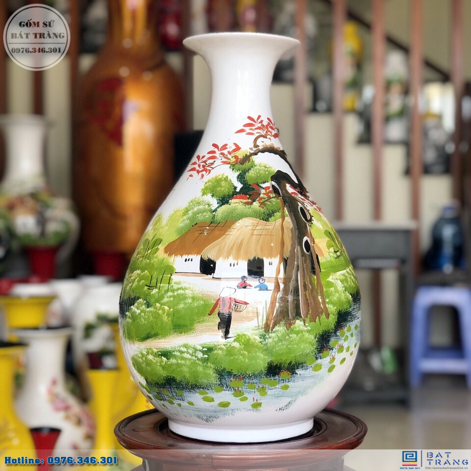 Lọ sơn mài dáng tỳ bà gốm Bát Tràng tranh đồng quê sang trọng 