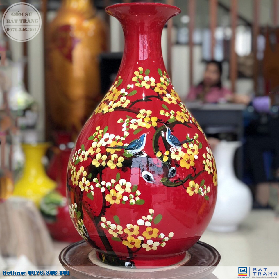 Lọ sơn mài tỳ bà nền đỏ vẽ chim hoa xuân đẹp sang trọng chính hãng 