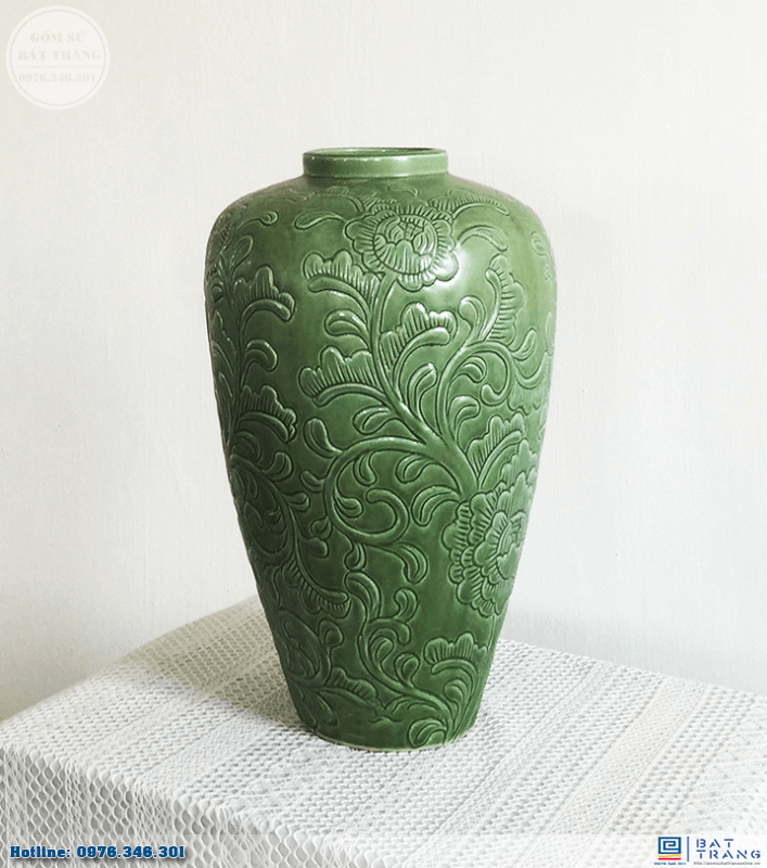 Lọ hoa phù dung khắc nổi gốm sứ Bát Tràng sang trọng 40cm 